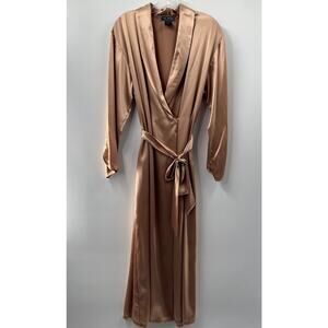 Halston Vintage Women's Tan Solid Satin Long Sleeve Sleepwear Robe Size Medium